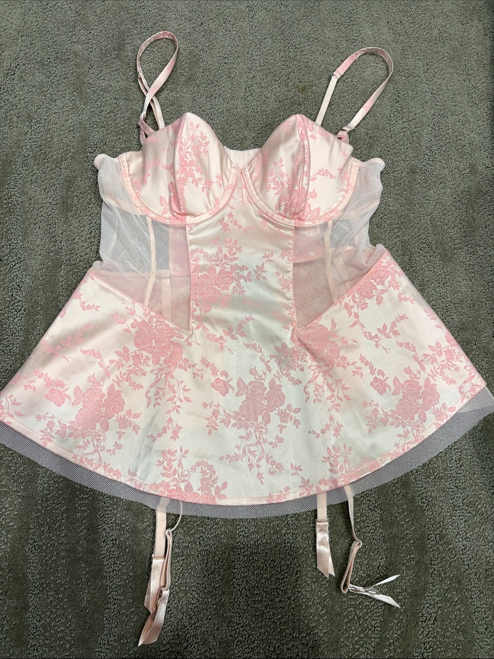 Victoria's Secret Pink Floral Satin Bustier Chemise with Sheer Panels